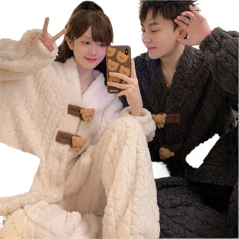 Couple's Plush Fleece Pajama Set - Cute, Casual, Baggy, Loose, Essential Korean-Style Bear Sleepwear, Warm Winter Loungewear for Men and Women, Oversize, Longsleeves, Comfortable, Oversized, Clothes, Long Sleeve, Women's Clothes, Matching Bears, Coordinat