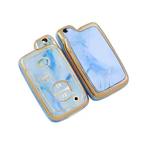 Toyota Key Fob Cover with Keychain Car Key Case Protection for Toyota Fit for Camry Avalon Corolla Highlander Prius RAV4 Venza Key Fob Protector Accessories Blue & Gold Premium Soft Material 360 Degree Full Protection Easy Install Car Keychain Set