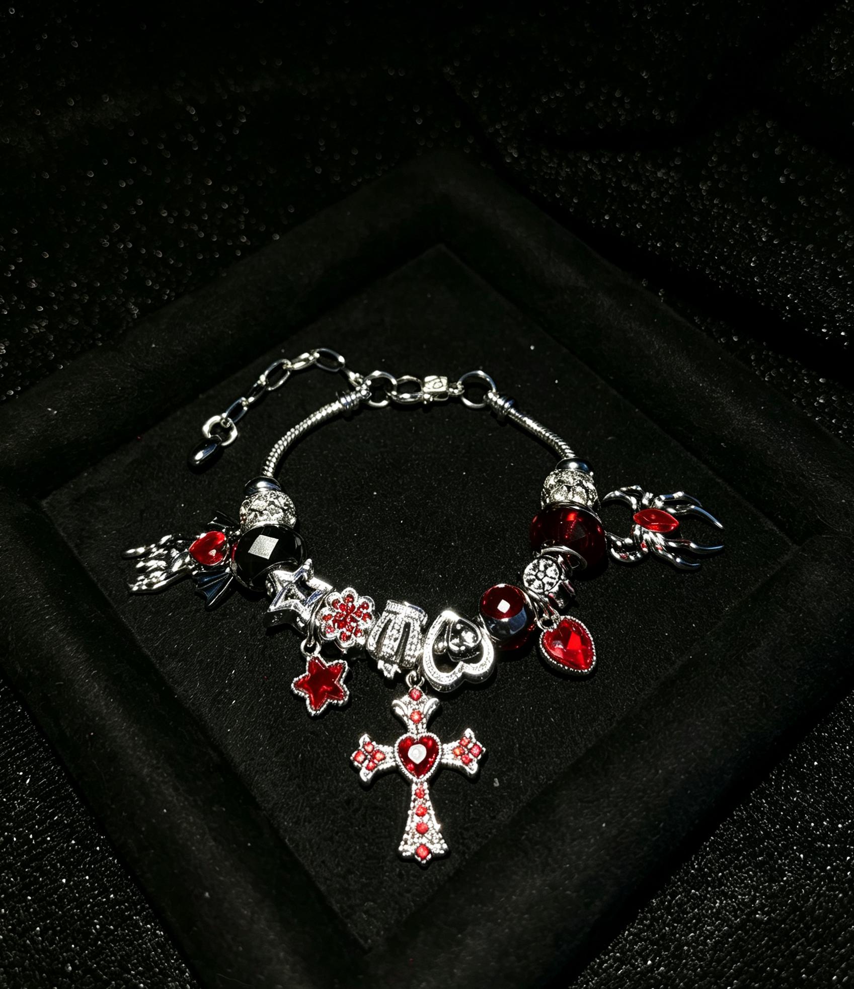 Gothic Red Heart Cross Charm Bracelet, Silver Snake Chain Beaded Bracelet with Spider Star Crystal Charms, Vintage Dark Aesthetic Jewelry Gift for Women