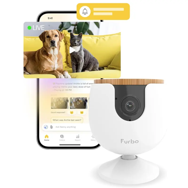 Furbo Mini Pet Camera [Nanny Edition - Unlock with Paid Subscription, Required] Home Security & Cat, Dog Safety Alerts, Pet Camera with Speaker, Smart Home Indoor Cam w Phone App & Night Vision - 3mo Paid Plan Required (not included)