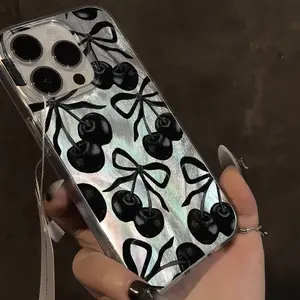 A full-screen black bow cherry hard-shell soft-edge shiny luxury phone case, compatible with iPhone 17/16/15/14/13/12/11/X/XS/XSMAX, holiday accessory, suitable as a gift