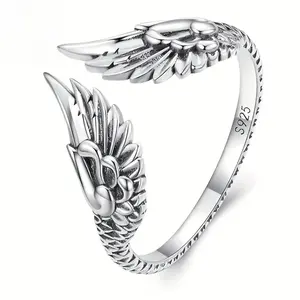 1pc Wings Open Ring, Simple Retro Guardian Feather Finger Ring Hand Jewelry, fashionable and Versatile, Suitable for Both Men and Women