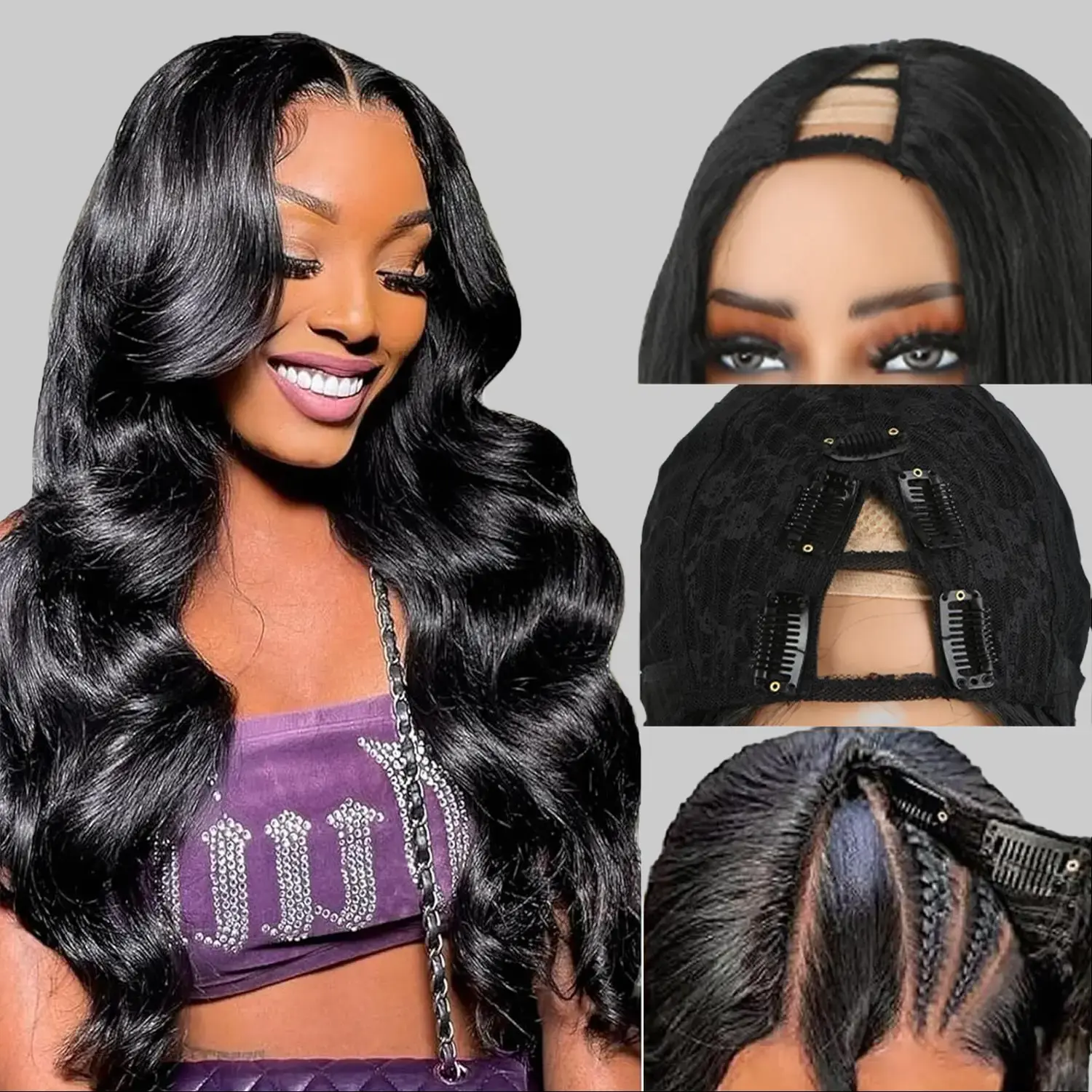 V Part Wig Body Wave Black Color Wear and Go Wigs for Women 24 Inch Synthetic Black Glueless Wave Wig for Daily Using/Party