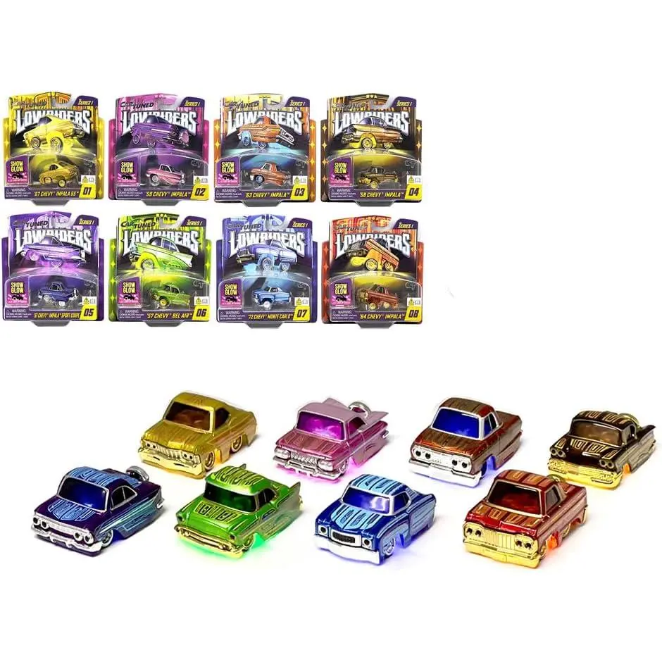 CarTuned 1/64 Scale Lowriders Show Glow Series 1 Diecast Model Cars, 8-Piece Assortment with LED Light-Up Chassis, Factory-Sealed Case 597346, Custom Paint Collectible Diecast Cars, 1/64 Scale Model Cars