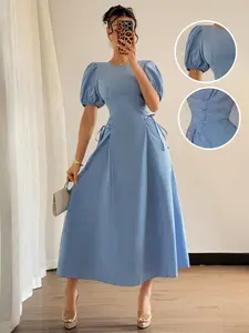 Summer Wedding French Shoulder Bubble Short Sleeve Lady Dress, Ruched Waist Side Tie Fitted Slimming Elegance, Romantic Aesthetic Vacation Gown