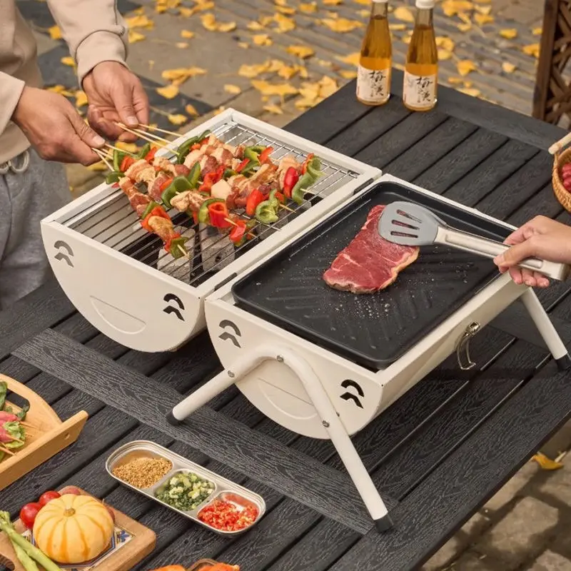Lightweight Portable White Barrel Charcoal Grill, Foldable Leg Mini BBQ Grill Complete Accessories Pack, Smokeless Tabletop Barbecue for Camping Road Trip Backyard Grilling