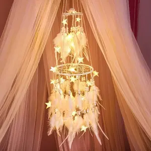 Double Circle White Feather Dream Catcher with Mobile LED Fairy Lights Wall Hanging Ornaments Ceiling Decor for Bedroom Decor Wedding Decorations Boho Chic Party Nursery Decor