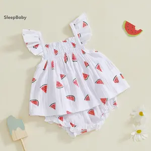Baby Girl Watermelon Shorts Outfit Flying Sleeve Smocked Babydoll Tops and Ruffle Shorts 2 Piece Summer Set