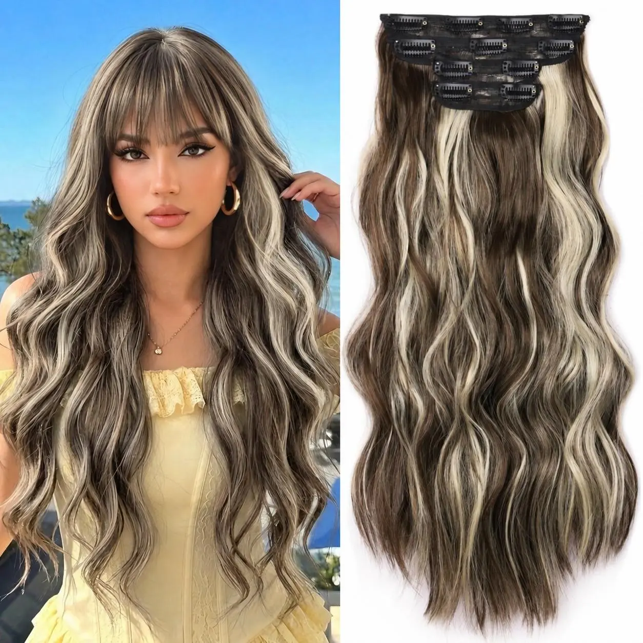 Women's Clip Hair Extensions, 4PCS 20-Inch Loose Wave Thick Synthetic Hair Pieces, Invisible Clips Seamless Double Weft, Full Head Volume Enhancement, for Festival Wear & Bohemian Style, Fragrance Free