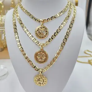 Zodiac Coin Pendant and GG Chain - Gold Plated Multi-Layer Necklace with Astrological Charms