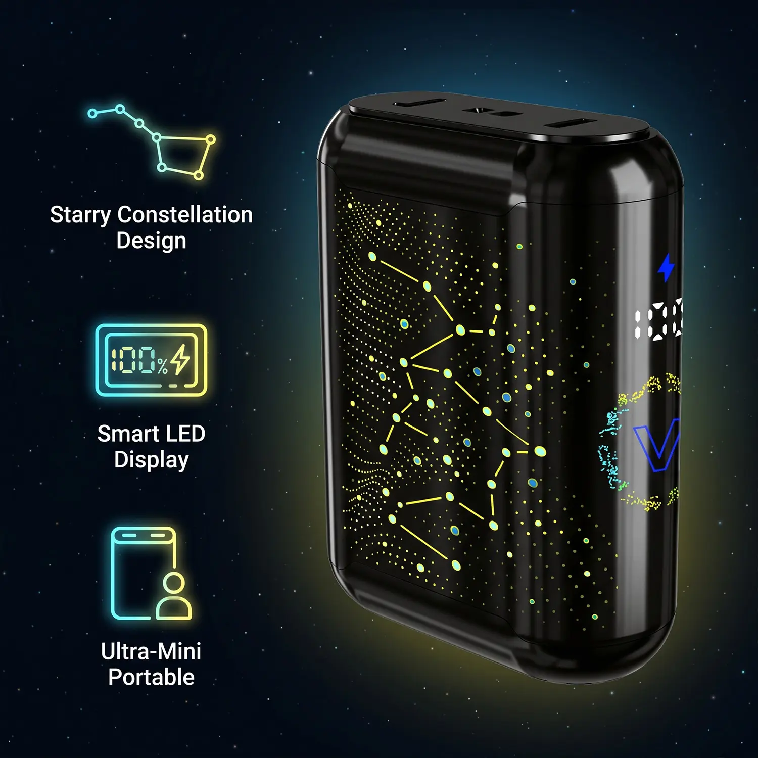 2026 Newest Starry Sky Portable Power Bank with Built-in Cable, 5000mAh 22.5W Fast Charging Phone Charger with LED Light & Digital Display, Compact Travel Battery Pack for iPhone Samsung Android