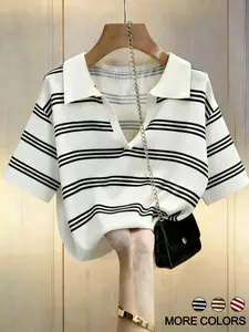 Women's Vintage Striped Lapel Top, Short Sleeve Drop Shoulder Loose Summer Shirt, Comfortable and Stylish Casual Wear