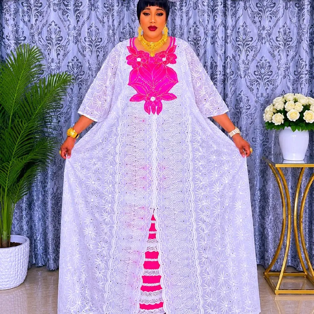 zee dress cotton lace mix with bazin farafarani Elegant African style for women 3pcs sets one size fit all. colors white and pink