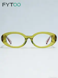 FYTOO Retro Oval Transparent Green Acetate Glasses Frame for Women Men, Fashion Blue Light Blocking Eyeglasses