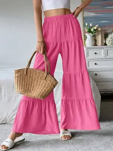 Women's Rose Layered Ruffle Wide Leg Pants, Elastic High Waist Lightweight Casual Vacation Summer Pants, All Seasons