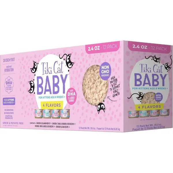 Tiki Cat Baby Wet Cat Food for Kittens, Shreds Variety Pack 2.4 oz. Cans (12 Count)