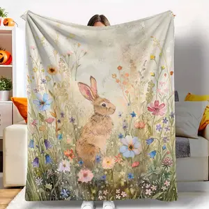 Floral Bunny Flannel Blanket Watercolor Wildflower Meadow Print Soft Cozy Lightweight Warm Throw Ideal for Living Room Bedroom Sofa Reading Nook Spring Picnic Easter Gift Home Decoration Use tiktokshopspringglowup