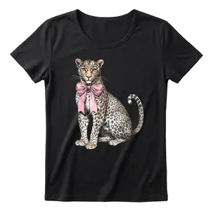 Pink Bow Leopard Tee | Coquette Aesthetic Graphic Top | Trendy Women's Streetwear | Casual Short Sleeve Shirt KT0473