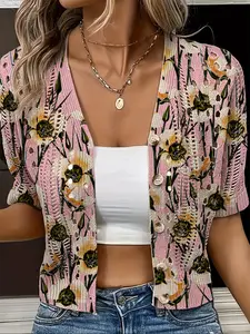 Women's V Neck Floral Print Knit Cardigan, Hollow Out Button Design, Casual Boho Elegant Style, Spring Summer Autumn Winter Wear