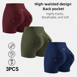 3 Pack High Waist Cargo Biker Shorts for Women, Stretch Soft Workout Yoga Shorts with Back Pockets, Breathable Tummy Control Athletic Gym Running Shorts