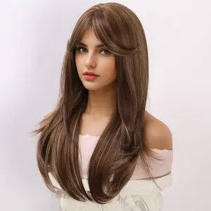 Long Brown Highlighted Synthetic Blend Wig with Curtain Bangs