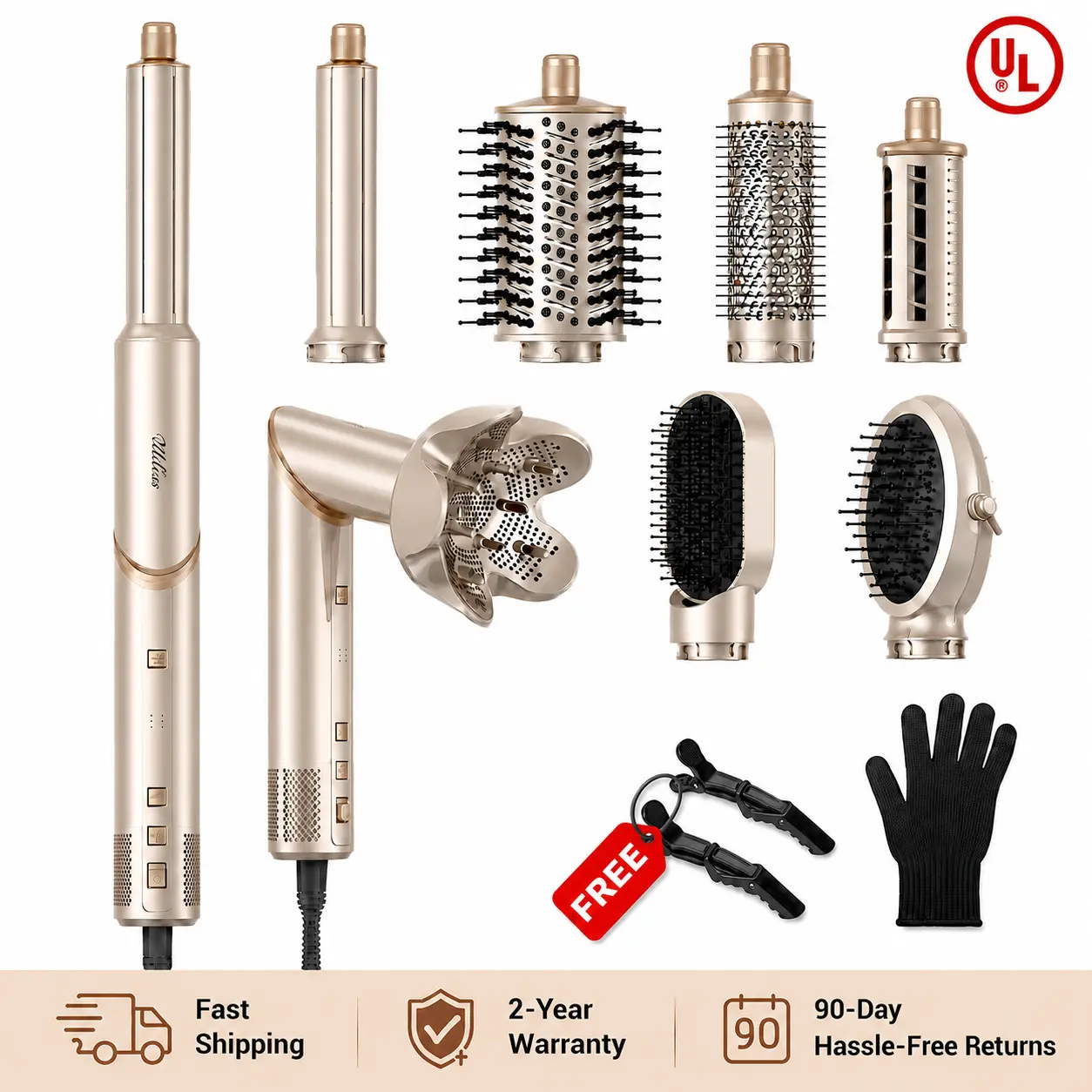 8-in-1 High-Speed Hair Dryer & DIY Hairstyler Combo Set - Automatic Curler Waver, Volumizing Blowout Brush, Fast-Drying Straightener, Curling Irons, Professional Hair Tools (Champagne Gold)