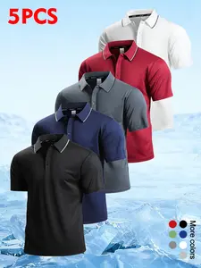 5-Pack Men’s Summer Trendy Polo Shirt – Minimalist Solid Color, Cooling Short Sleeve for Street Style, Casual Wear, Daily Life, and Vacation Travel