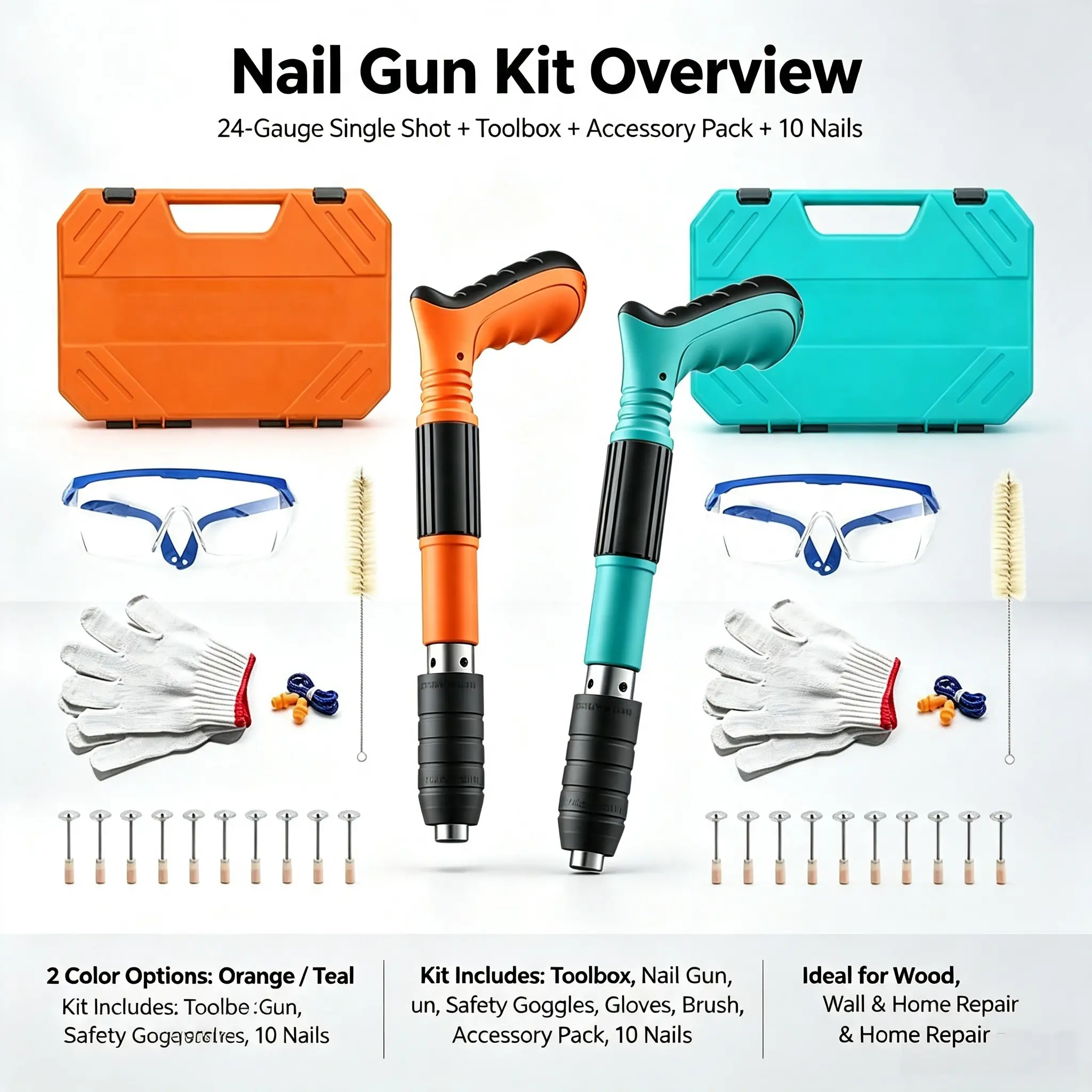 Upgraded 24-Generation Manual Nail Gun Set, Handheld Wall Fastening Single Gun with Sturdy Toolbox, Full Matching Accessories and 10 Pieces Nails, Safe Handheld Nail Shooting Tool for Home Decoration, Hanging Objects & Daily Construction Repair