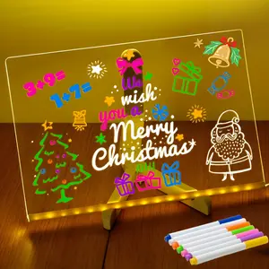 LED Note Board,Drawing board with Led Light, Drawing board,Clear Light up Dry Erase Board with Stand Desktop Glow Memo LED Letter Rewritable Message Board White Board LED Note Board with 7 Color Markers