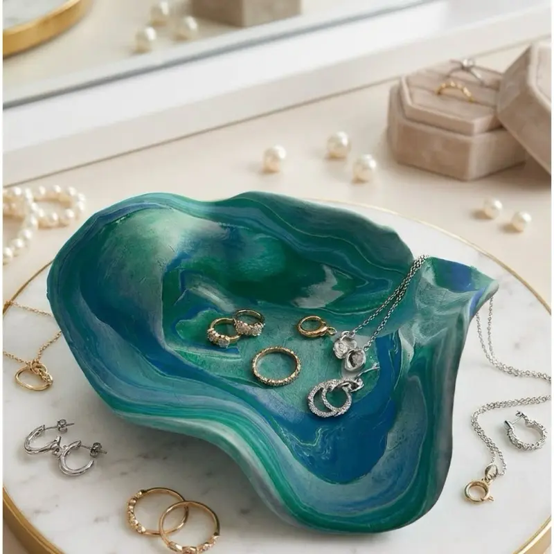 Handmade Polymer Clay Jewelry Tray – Ocean Agate Teal & Blue Trinket Dish