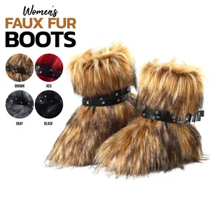 Womens Faux Fur Boots Mid Calf Boots Round Toe Flat Heel Pull On Stud Belt Comfortable Fashionable Warm Boots Party Casual Outing Fluffy Furry Y2k Chilly Day Booty Trendy Boots