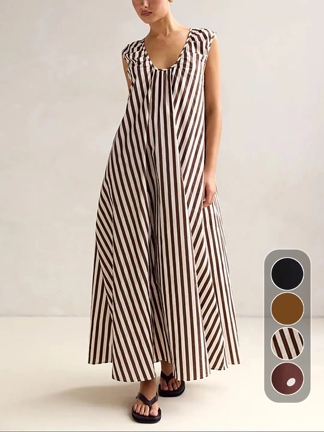 Women's Casual Loose Sleeveless Vneck Commute Summer Dress, Lightweight Comfortable Office Wear, Floral Print Striped Midi Dress, Perfect for Daily