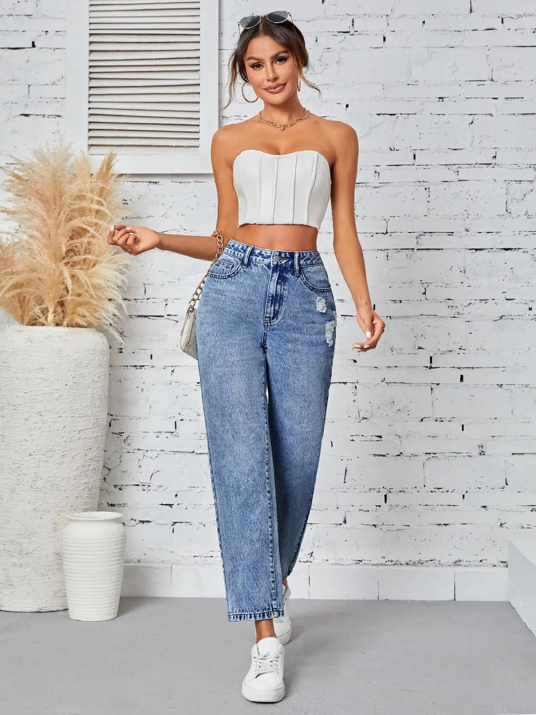 High Rise Straight Leg Mom Jeans for Women, Medium Blue Acid Wash Denim Pants, Casual Everyday Jeans