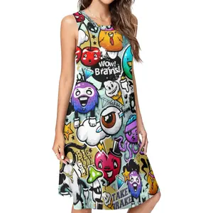 Fun Cartoon Monster Graffiti Print Sleeveless Midi Dress Y2K Summer Swing Dress Crew Neck Casual Loose Fit Knee Length Premium Polyester Fabric tea