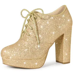 BLISSFUL STEP Lace up Chunky Heel Platform Glitter Ankle Booties