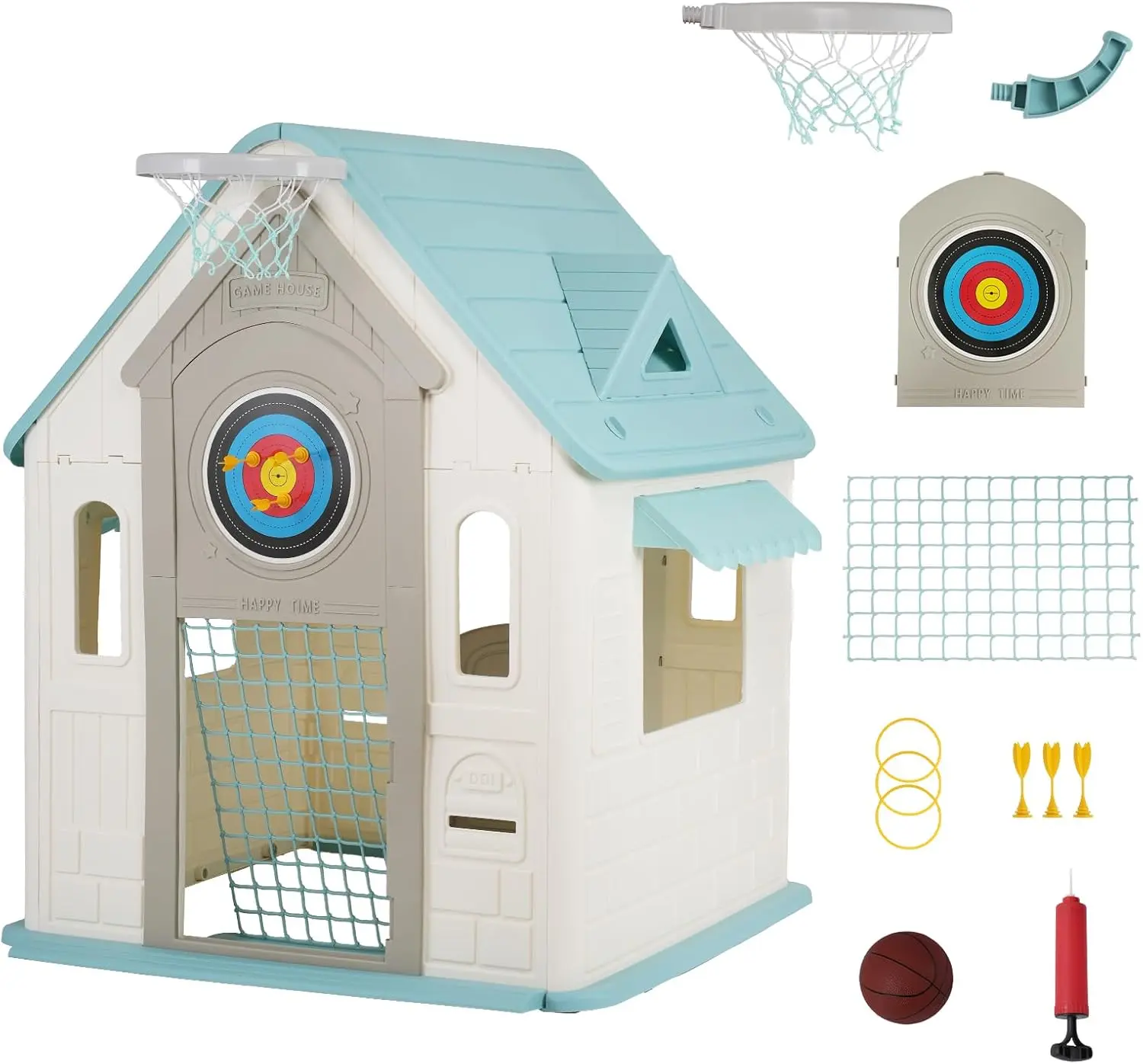 Gaomon Toddler Playhouse Playset for Backyard - Indoor-Outdoor Kids' Playhouse with Magnetic Dartboard, Basketball Hoop, Ring Toss & Soccer Goal, White, for Ages 2+ (Outdoor Playset)