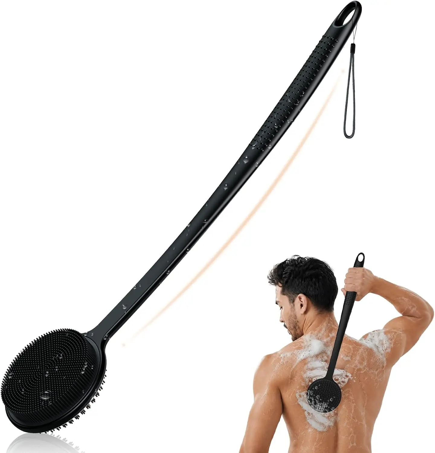 Silicone Back Scrubber for Shower, 17in Lengthen Long Handle Body Brush, Double Sided Shower Brush for Shower Exfoliating and Massage Can Produce Rich Foam, Long Handle Back Scrubber for Men