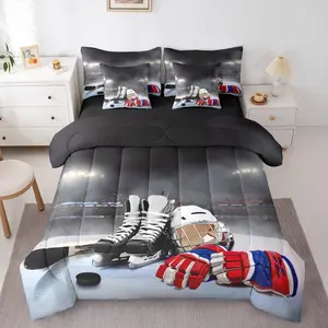Feelyou 7-Piece Ice Hockey Theme Queen Bedding Sets, Silky Soft Microfiber Weave Comforter Set with Sports Game Sheets, Pillowcases & Printed Soft Bed Blanket, Machine Washable for Boys