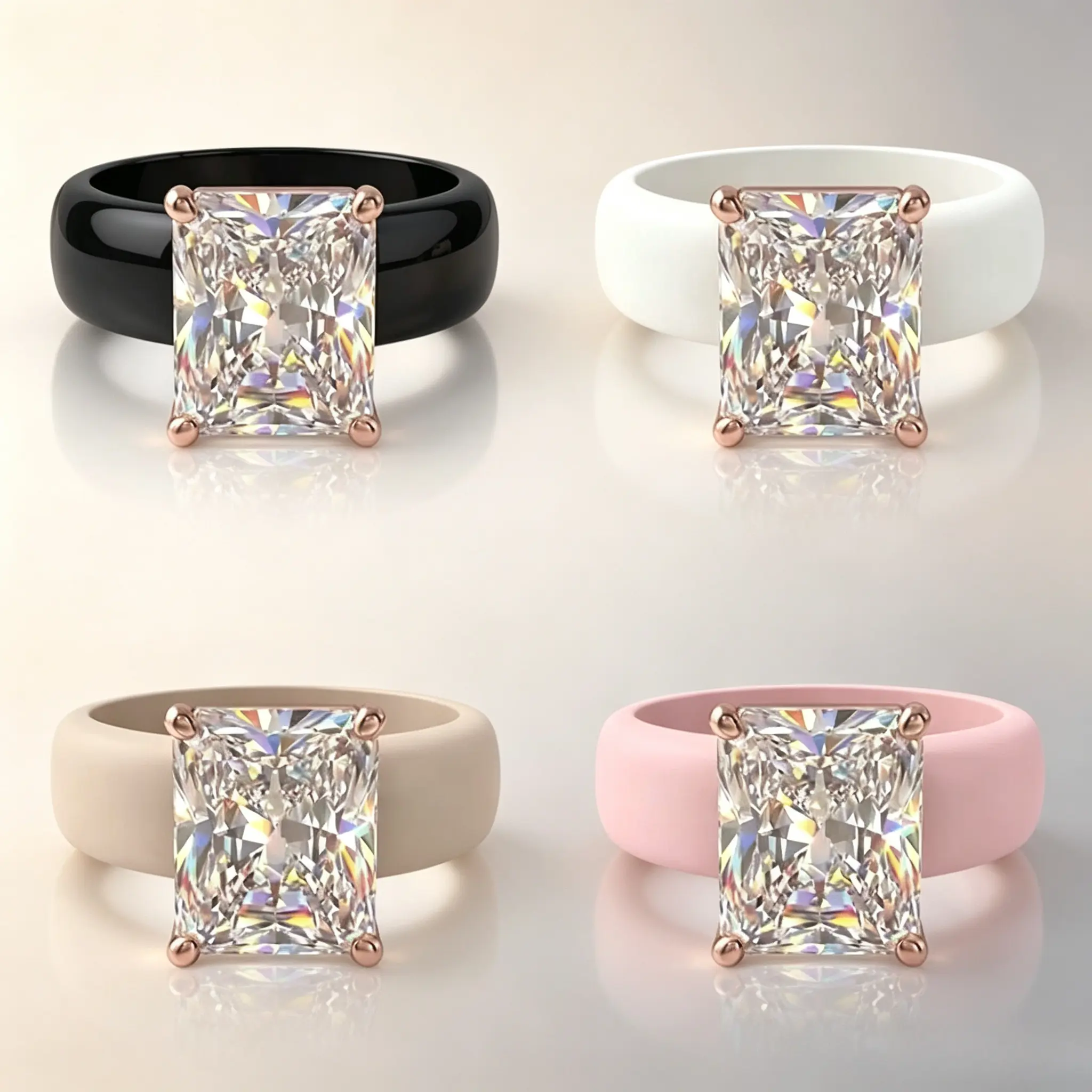 Women Radiant Cut Square Moissanite Silicone Ring, Rose Gold 4 Prong Comfort Rubber Band, Waterproof Stackable Engagement Wedding Ring, Daily Fashion Non-Tarnish Jewelry For Women