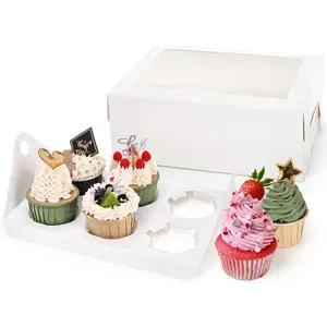 30 Pack White  Cupcake Boxes, 6 Cupcake Containers with Windows, Handle Tray and Inserts, 10 x 6.8 x 4inch Tall Paper Cupcake Holder Carrier for Muffins, Standard or High  Cupcakes