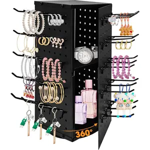 360 °   Rotating Pegboard Display Stand with 60 & Inner Compartments - Peg Board Keychain Jewelry Display Stand for Vendors, Retail, Craft Shows (Black)