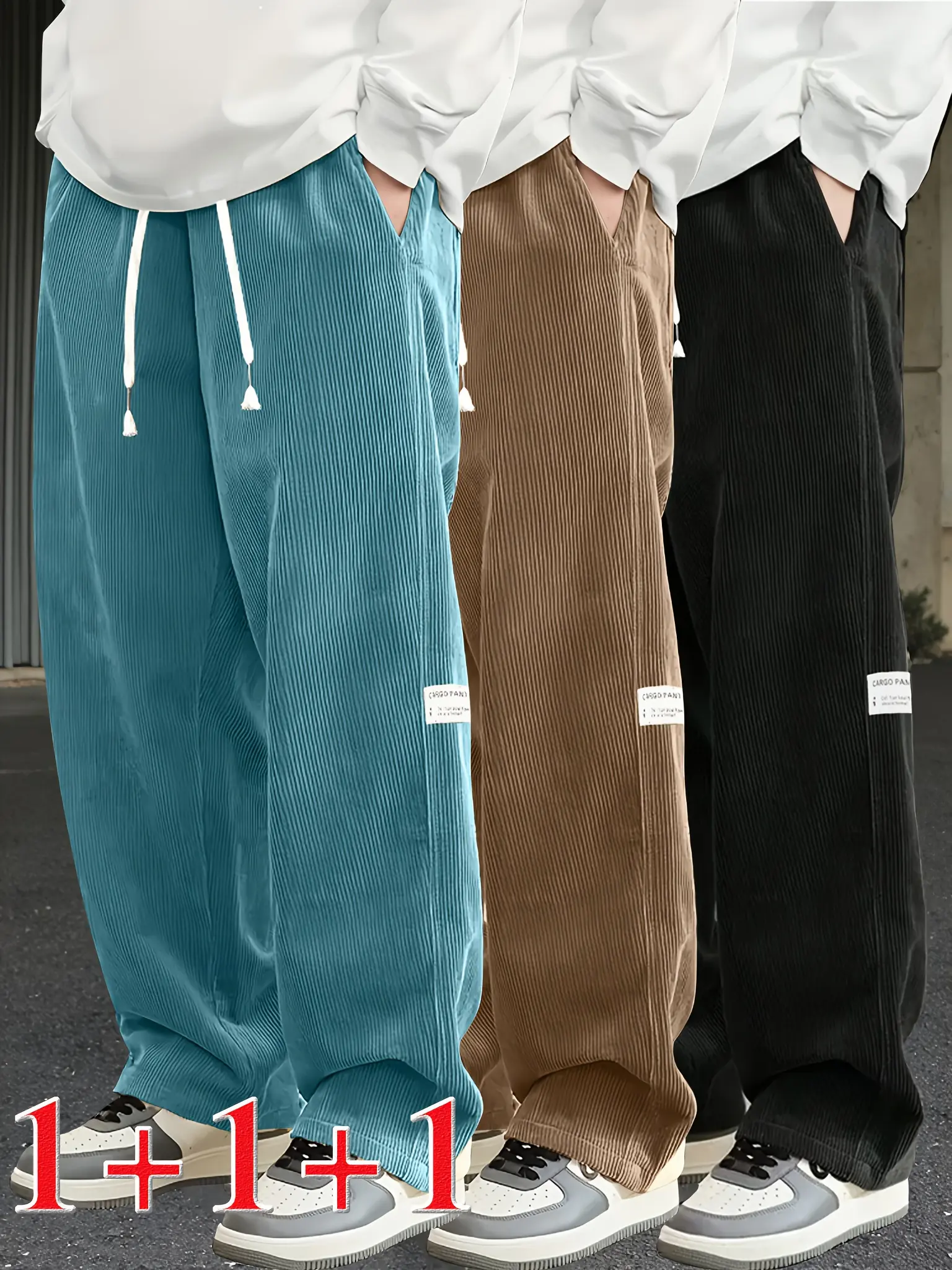 3-piece set of men’s corduroy casual pants — comfortable relaxed fit with elastic waistband, mid-rise straight cut and side pockets; breathable, machine-washable fabric; urban street style and outdoor activities for spring and autumn; casual loose fit; so