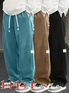 3-piece set of men’s corduroy casual pants — comfortable relaxed fit with elastic waistband, mid-rise straight cut and side pockets; breathable, machine-washable fabric; urban street style and outdoor activities for spring and autumn; casual loose fit; so