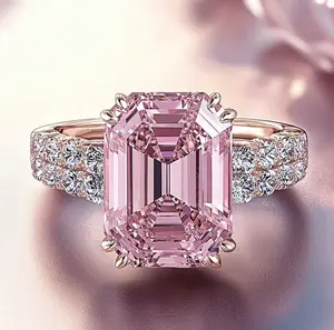 Elegant Luxury Romantic Princess Engagement Ring With Sparkling Pink Square Synthetic Zirconia, Fashion Women's Engagement Ring For Daily, Party, Festival Gift