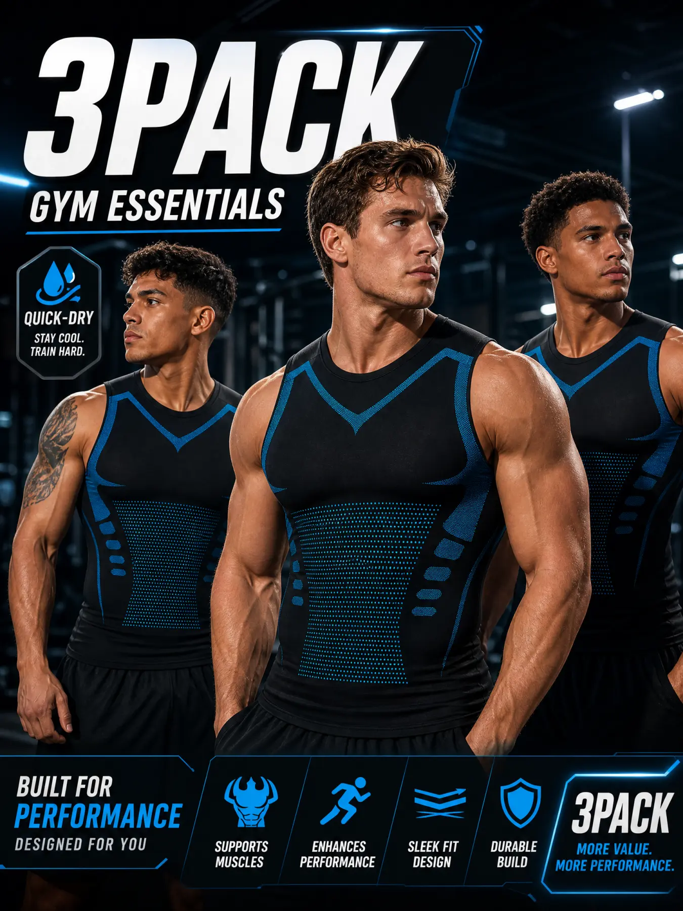 3 Pack Men's Sleeveless Compression Tank Tops, Quick Dry Breathable Athletic Muscle Shirts, Stretch Gym Workout Vest for Running, Basketball, Training Outdoor Sports Base Layer