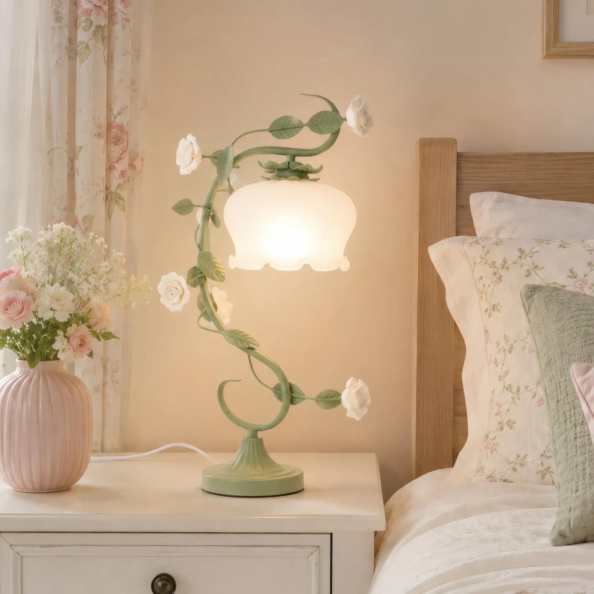 21.3 Inch Vintage Green Rose Table Lamp, Floral Wrought Iron Frame White Frosted Glass Shade, E26 3 Color LED Decorative Desk Lamp for Bedroom, Living Room, Cottage Decor
