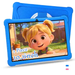 10.1-inch Android tablet, 64GB, dual cameras, educational software, parental control, HD display, shockproof case, no adapter included. Available in blue and pink.