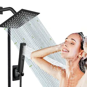 6/8"High Pressure Square RainShower Head and 2-in-1 HandShower.Equipped with 78"Hose, 3Way Diverter Valve,Adhesive ShowerHead Holder