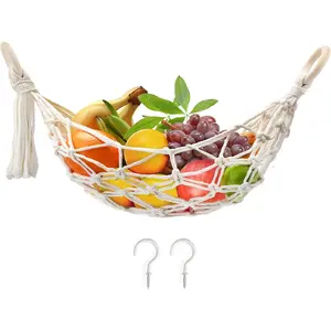 Hanging Fruit Hammock with Hooks, Under Cabinet Hanging Fruit Basket for Storing Banana Fruits, Hand-Woven Hanging Basket, Valentine's Gift for Kitchen Decor, Oval