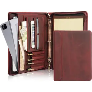 Leather Portfolio Organizer, 3 Ring Binder Padfolio Folder, Resume Zippered Folio for A4/Letter Size Notepad, Business Binder Portfolio with Zipper for 13" Laptop,  for Women, Red